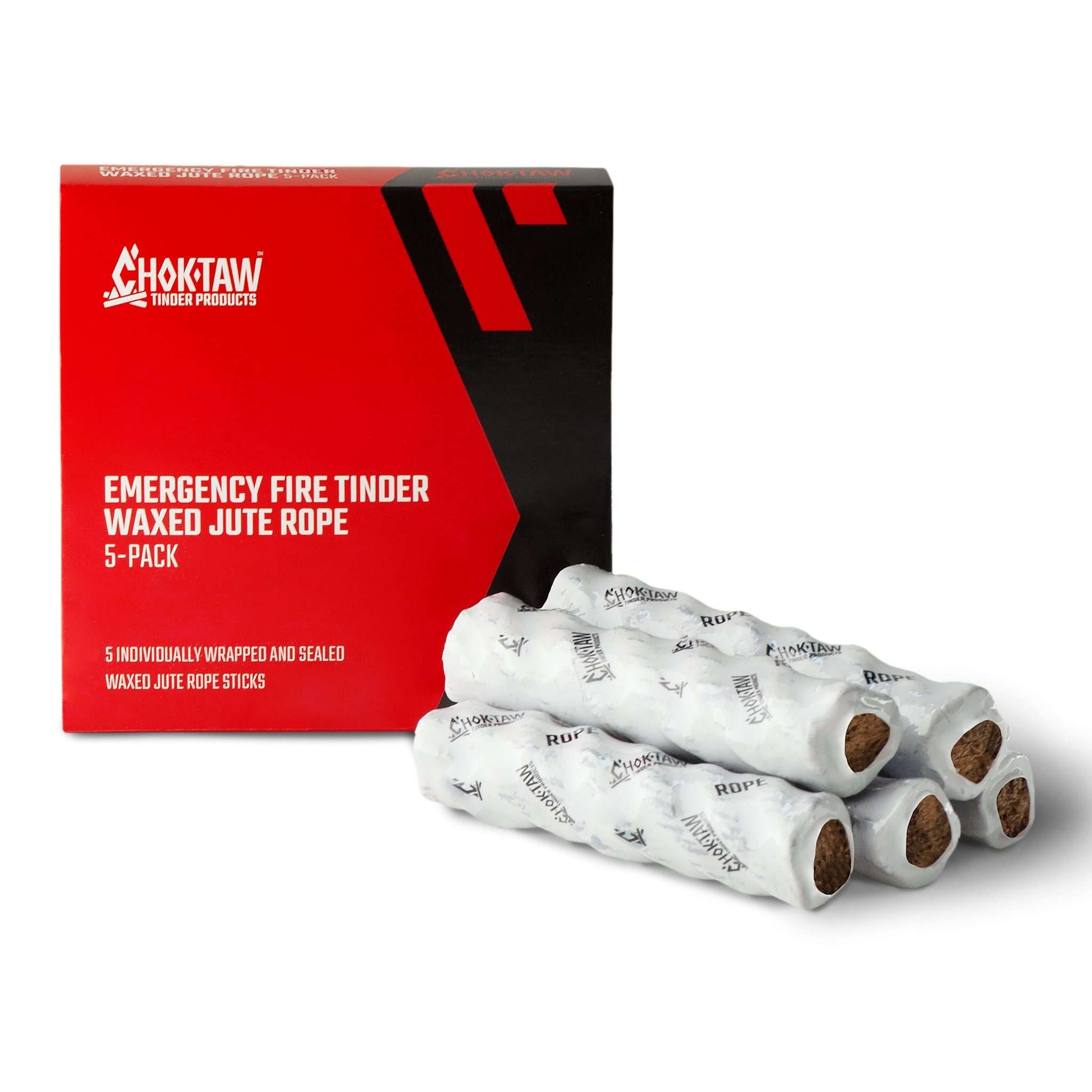 CHOKTAW Waxed Jute Rope Tinder Sticks, Emergency Fire Tinder, 5-Pack, windproof, waterproof, survival use.