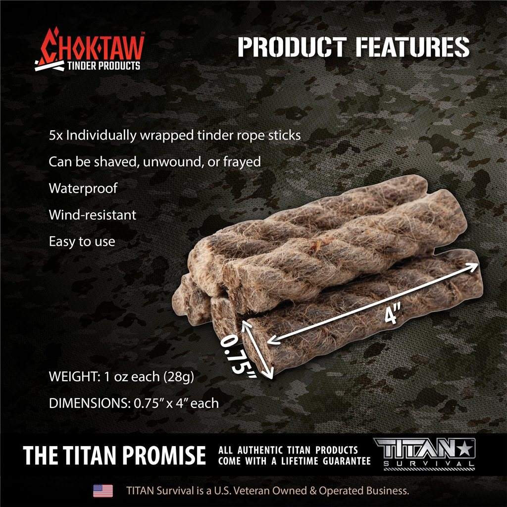 CHOKTAW waxed jute rope tinder sticks, waterproof, wind-resistant, emergency fire-starting solution.