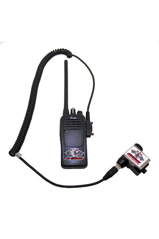 Icom Co-Driver Package with handheld radio and PTT adapter for helmet connection.