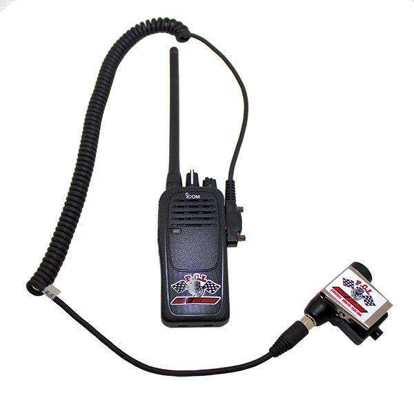 Icom Co-Driver Package with PTT adapter connecting helmet to handheld radio for clear communication