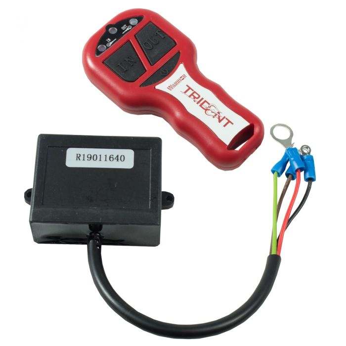 Trident 2.4G Wireless Winch Control remote and wire-in receiver with durable red casing and multiple wiring connectors