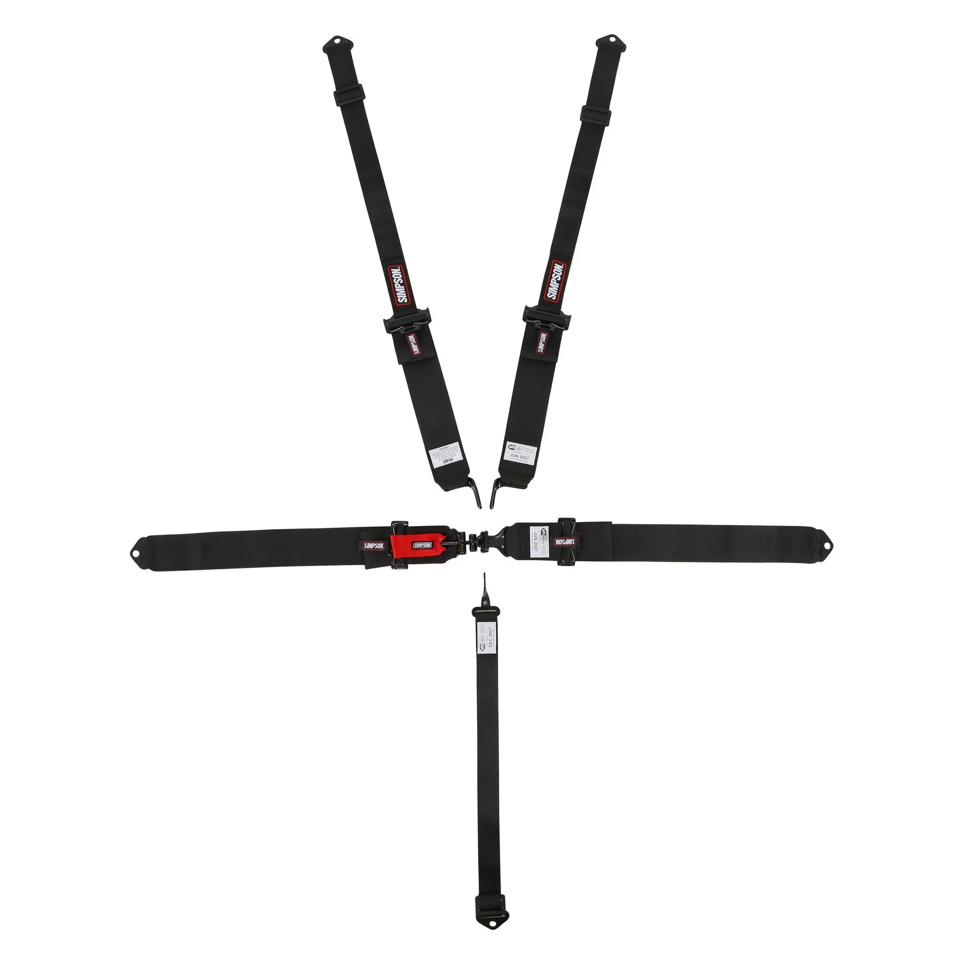Simpson Latch and Link Bolt-In 5-Point Harness black SFI 16.1 certified racing safety belt with steel hardware and HANS compatible shoulder webbing