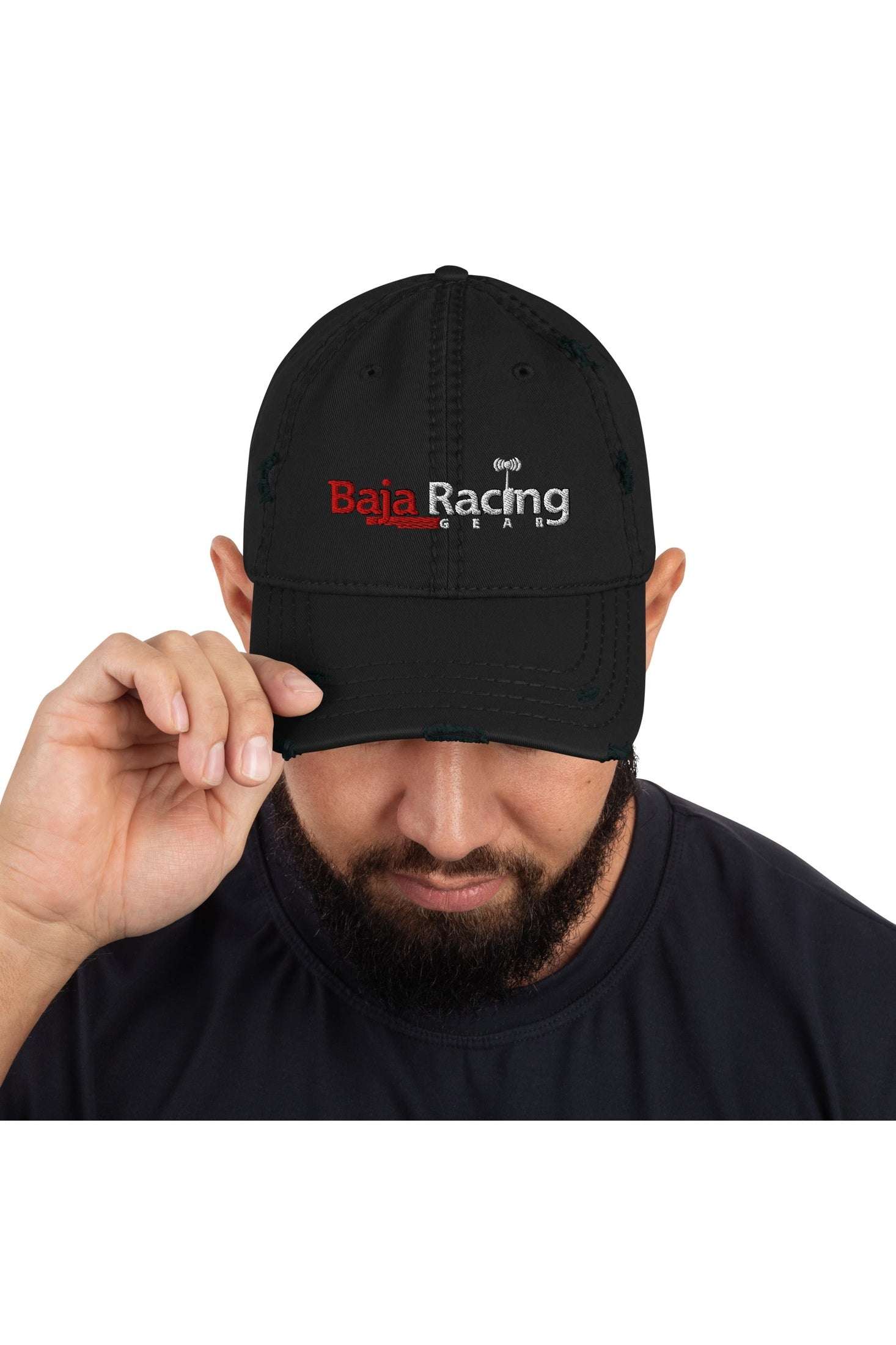 Baja Racing Gear distressed dad hat with classic fit and rugged style.