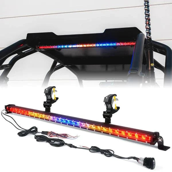 D2D Rear Chase Light Bar mounted on off-road vehicle roll cage with red strobe and brake lights for enhanced rear visibility
