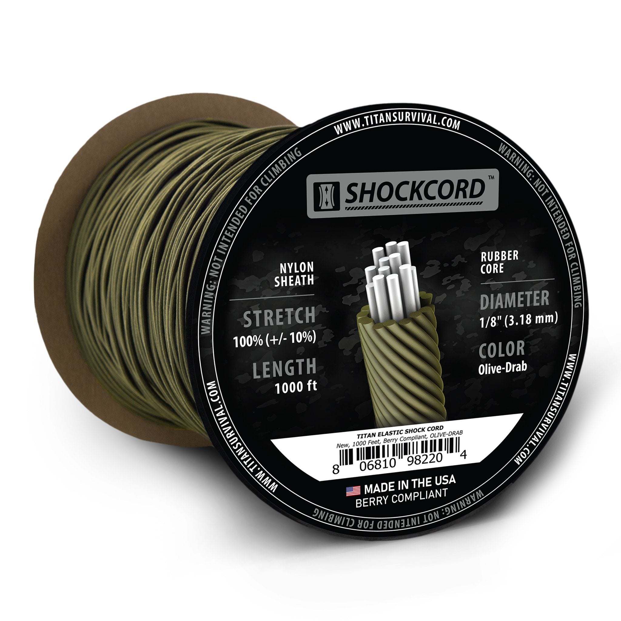 1/8" Olive-Drab Shock Cord 1000 FT spool, MIL-SPEC, made in USA, elastic bungee cord.