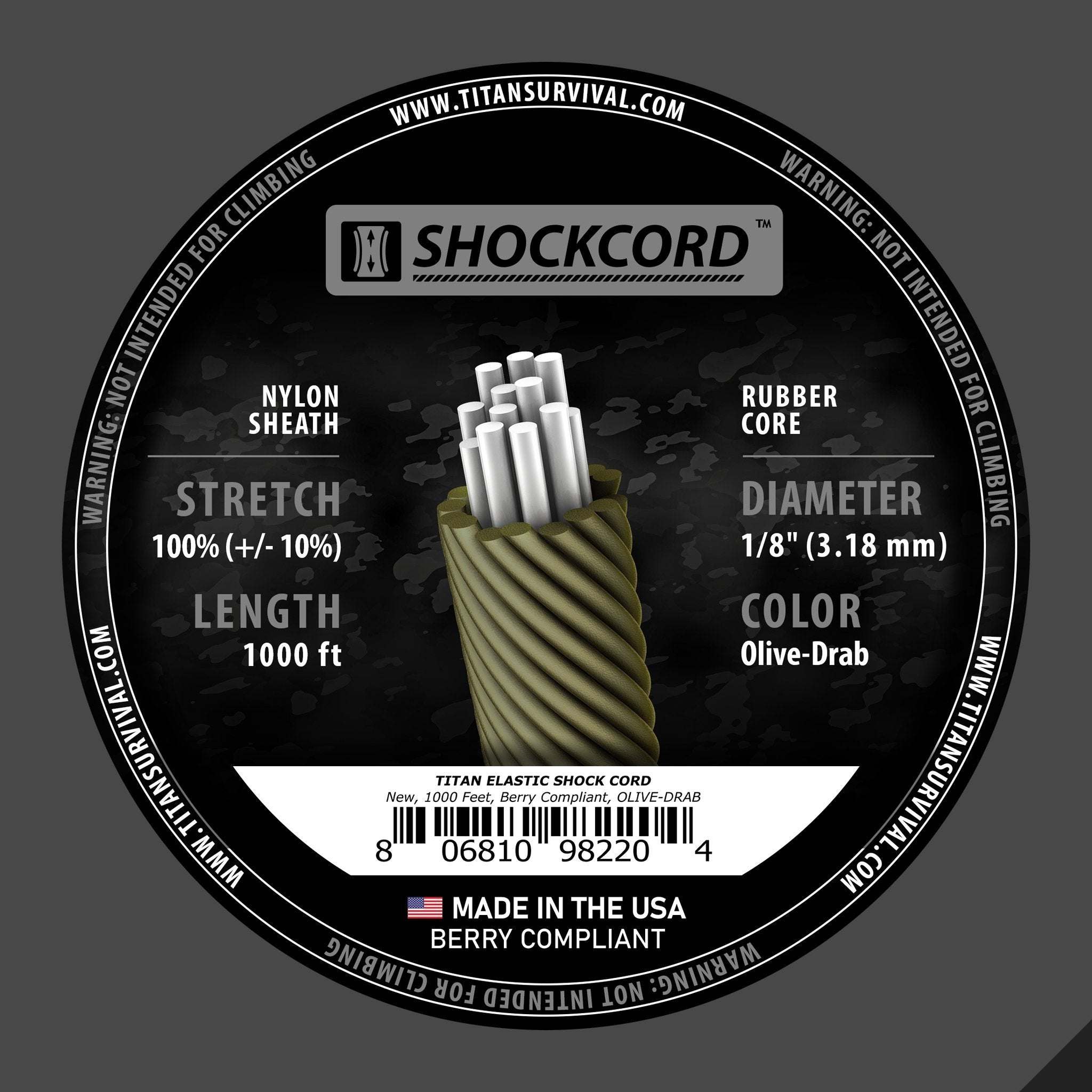 1/8" Olive-Drab Shock Cord 1000 FT Spool, MIL-SPEC Elastic Bungee Cord, Made in USA, Military-Grade, Weather Resistant.