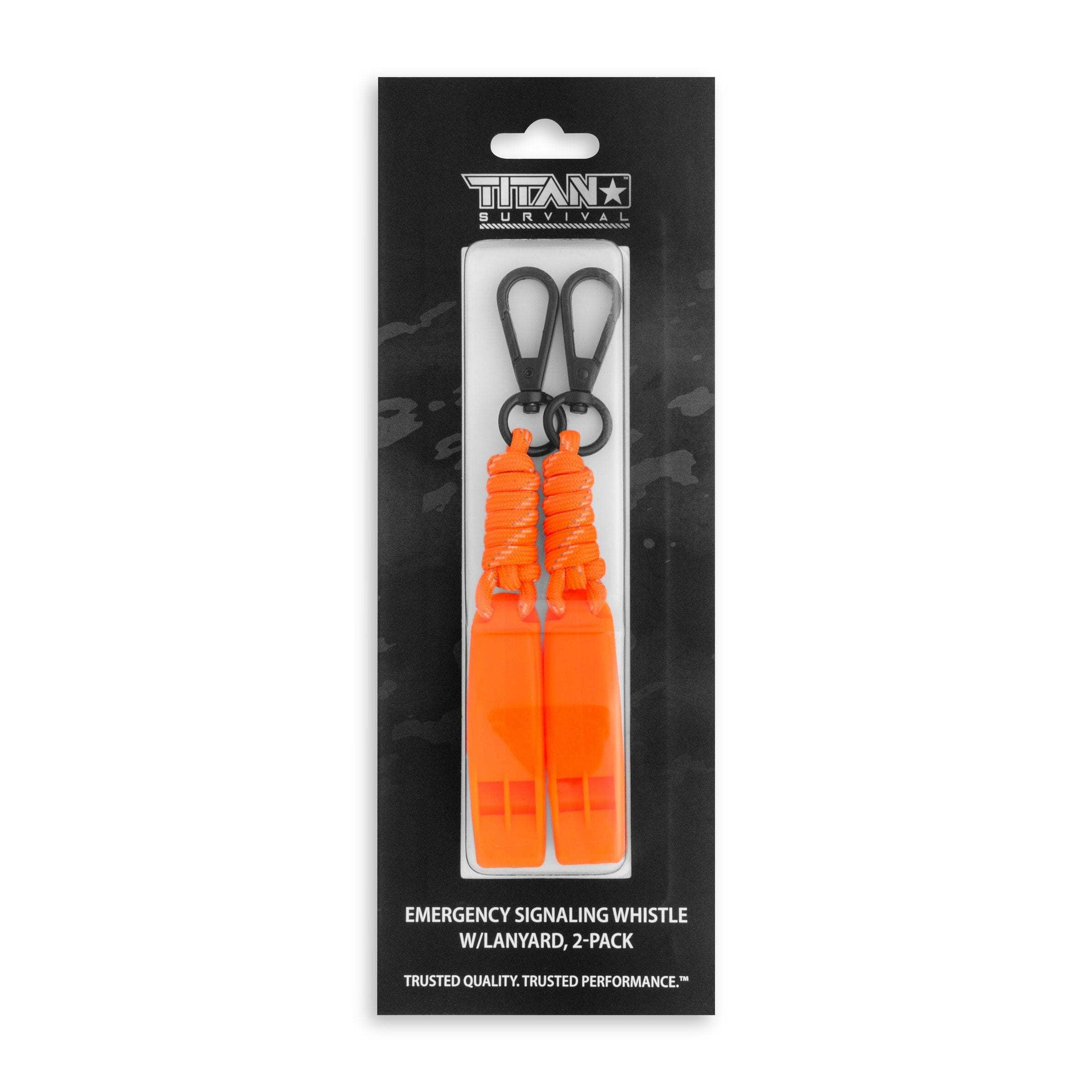 Emergency Whistles 2-Pack with reflective lanyards by TITAN Survival; bright safety-orange design for maximum visibility and sound projection.
