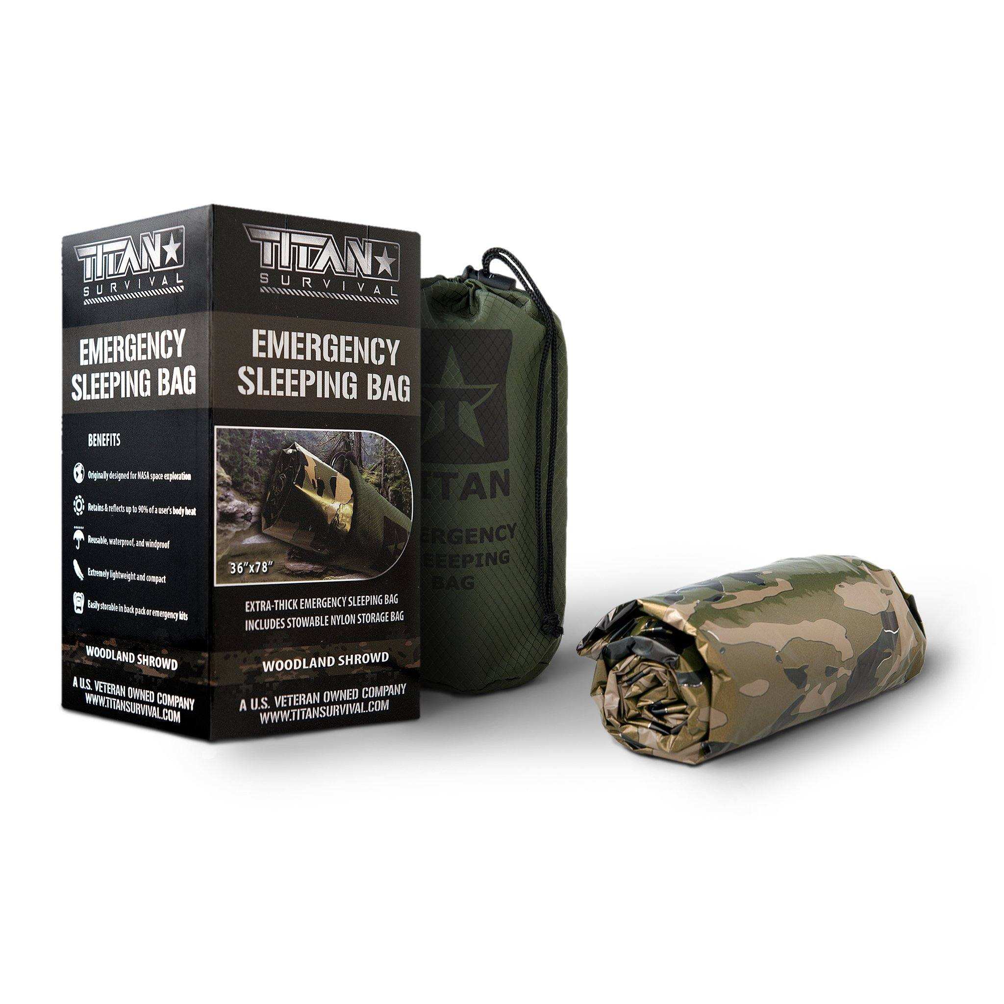 Emergency sleeping bag, NASA-designed extra-thick, packaged with camo roll and nylon drawstring sack.
