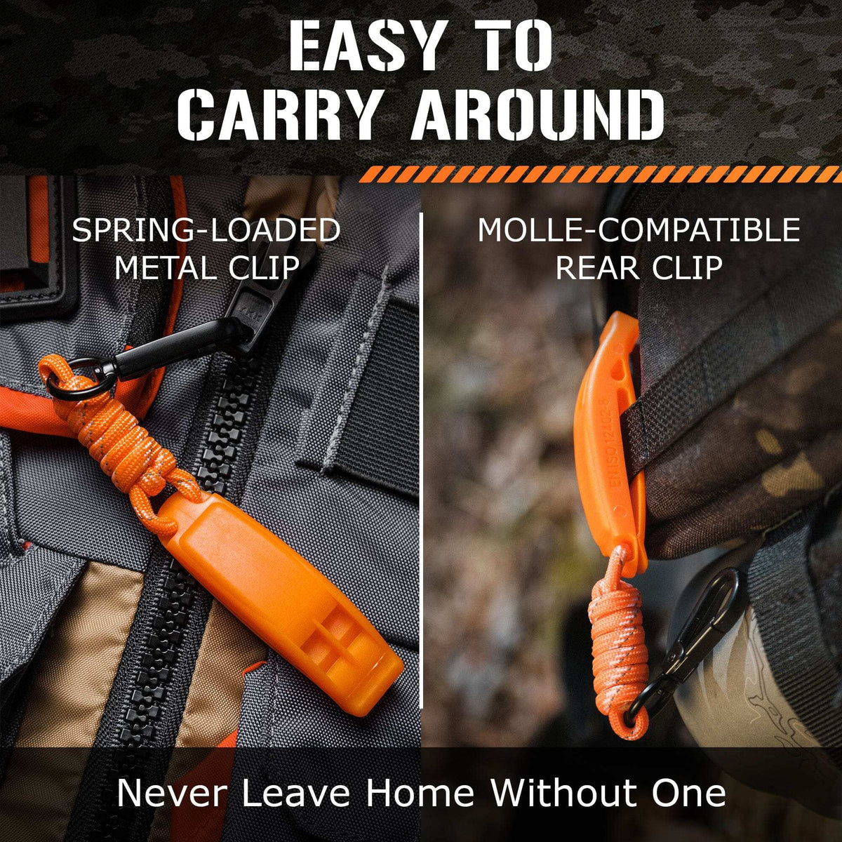 Emergency whistles with orange SurvivorCord® lanyard, featuring spring-loaded metal clips for easy attachment to gear.