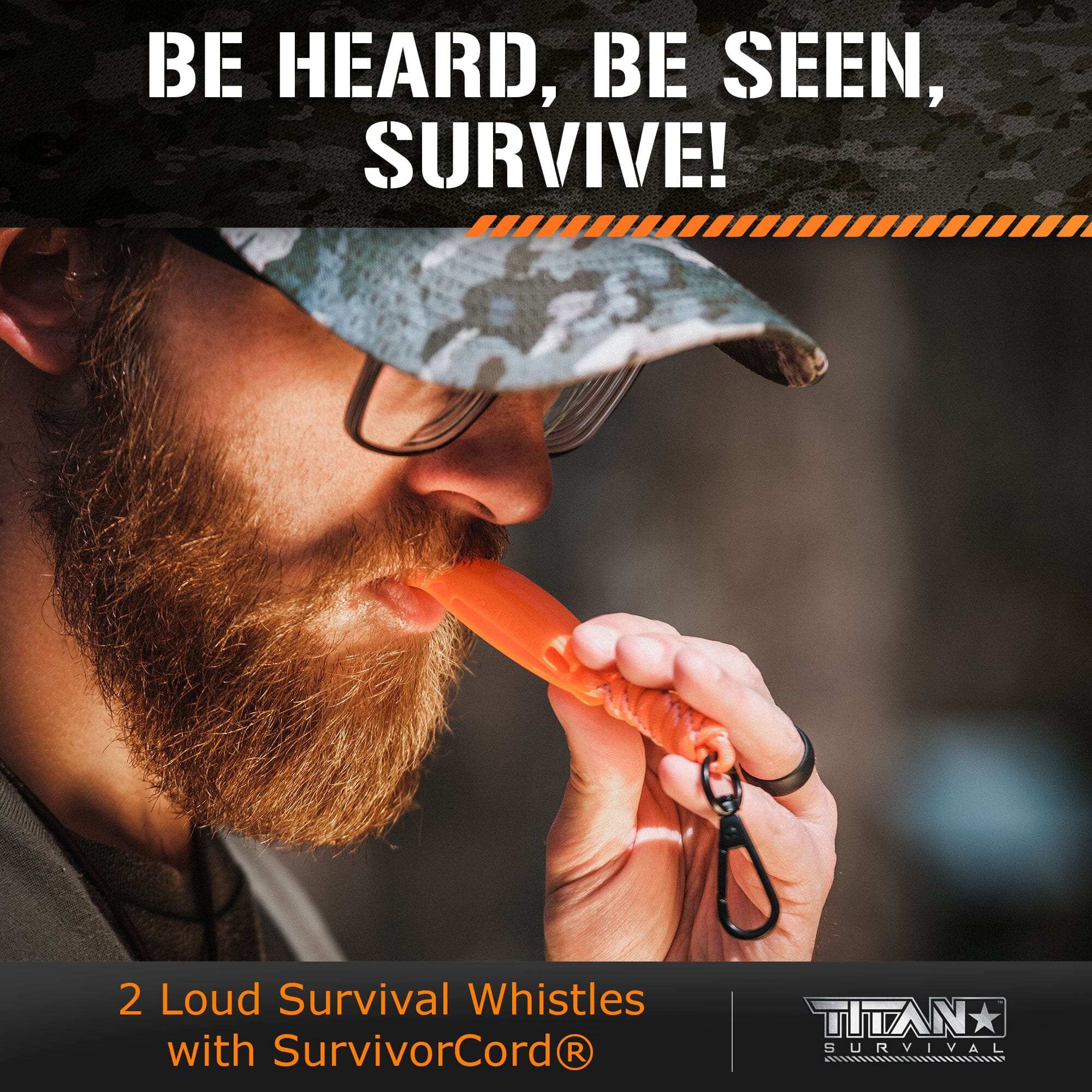 Emergency signaling whistle in use with SurvivorCord lanyard, emphasizing survival and visibility.