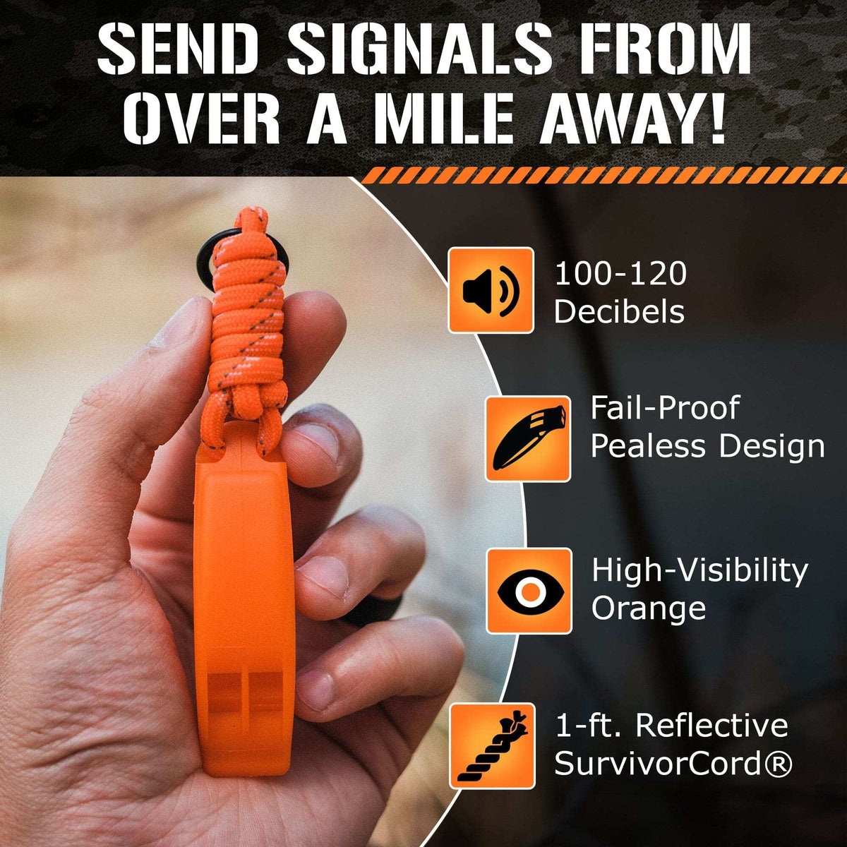 Emergency whistle in hand, high-visibility orange, pealess design, 120 dB, reflective SurvivorCord® lanyard.