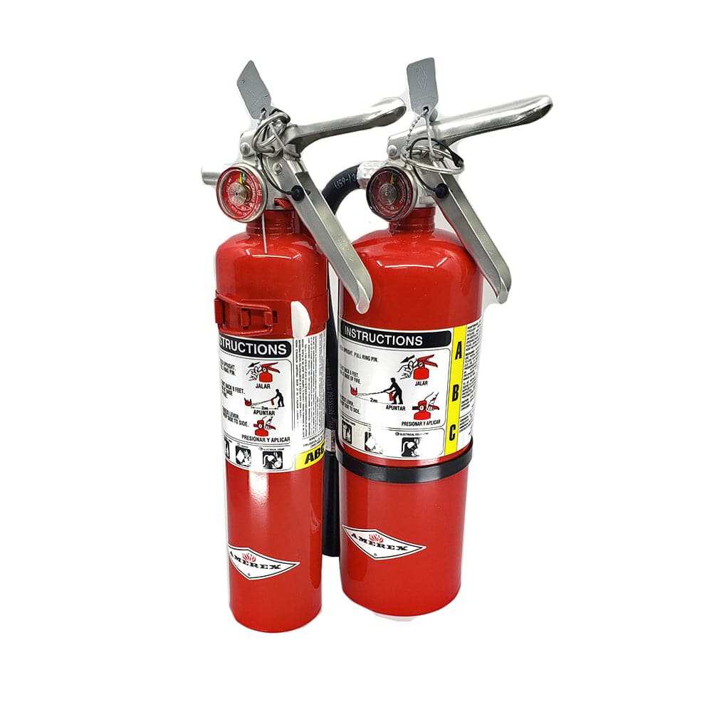 Red fire extinguisher for race and recreational vehicles with ABC dry chemical agent and compact design