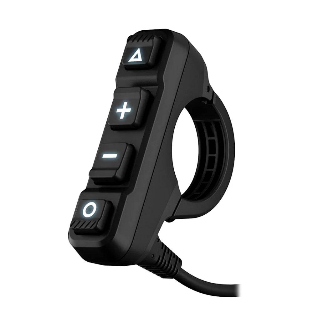 Garmin Handlebar Controller mounted on motorcycle handlebar with intuitive buttons for GPS and music control