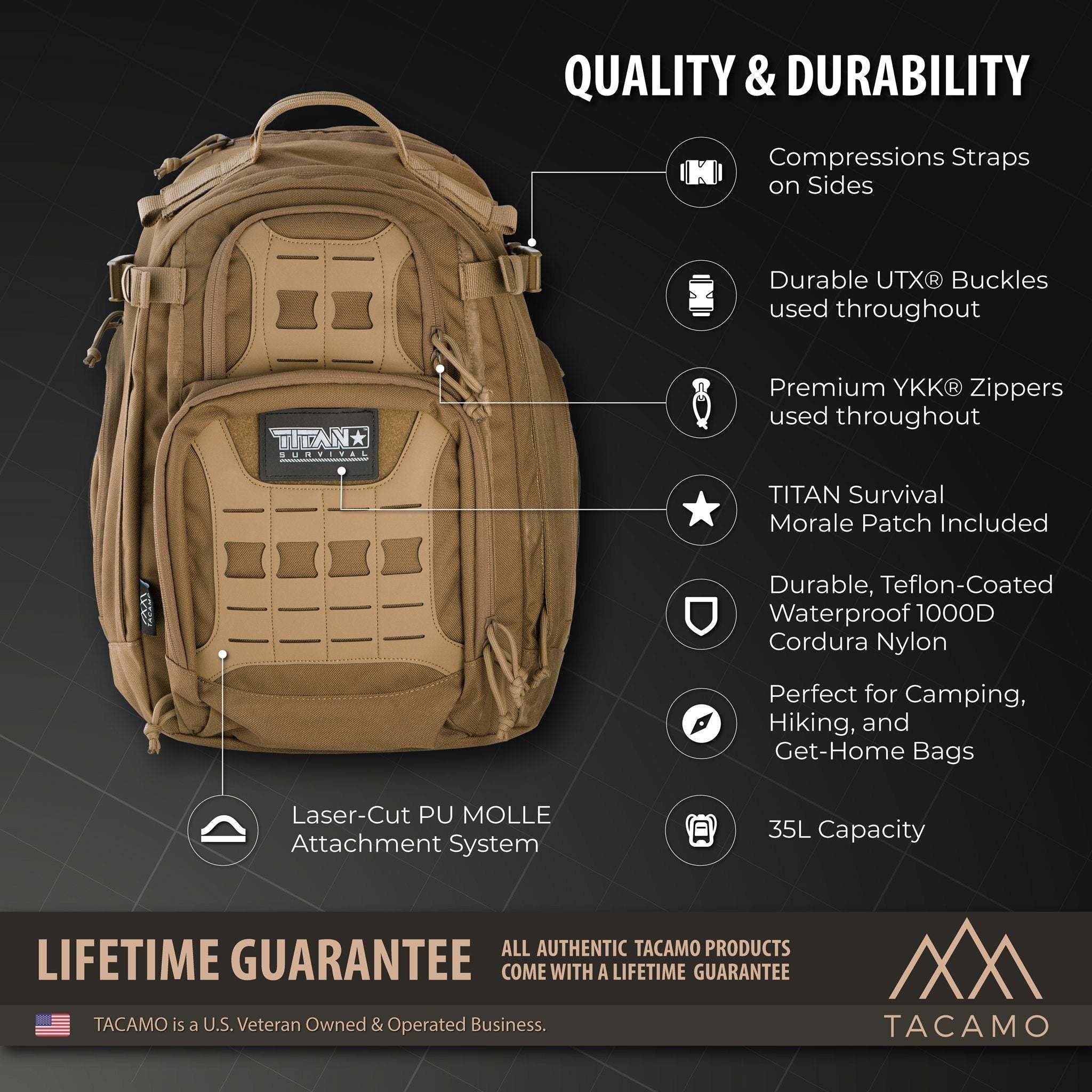 35L 24-hour tactical backpack with MOLLE system, made from waterproof Teflon-coated Cordura nylon, featuring YKK zippers and UTX buckles; ideal for camping, hiking, and emergency preparedness.
