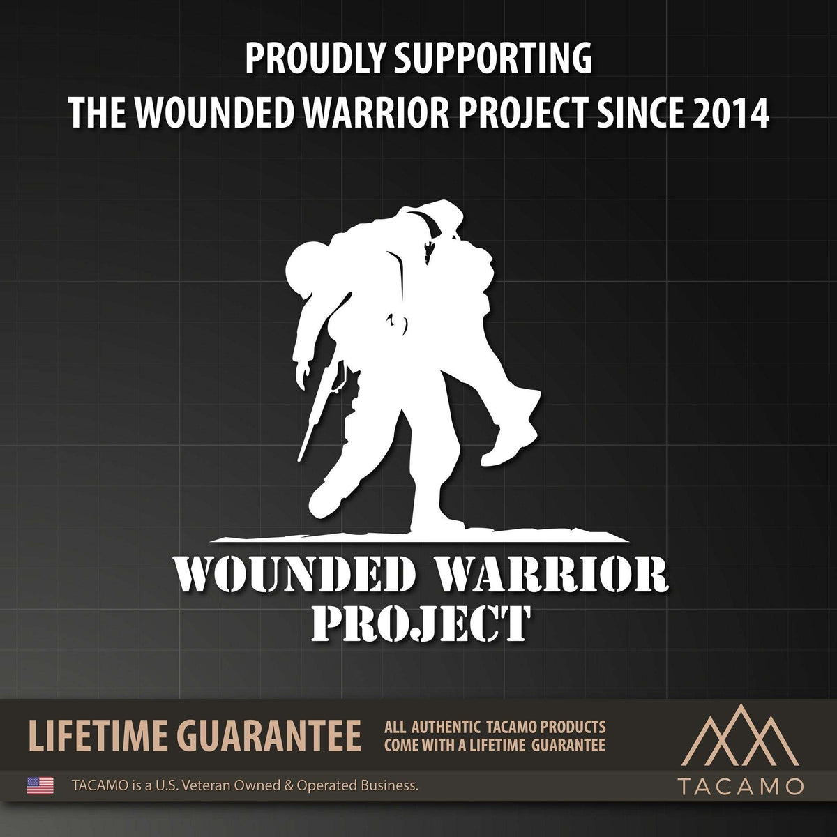 TACAMO GH35 tactical backpack displayed with a Wounded Warrior Project support banner.