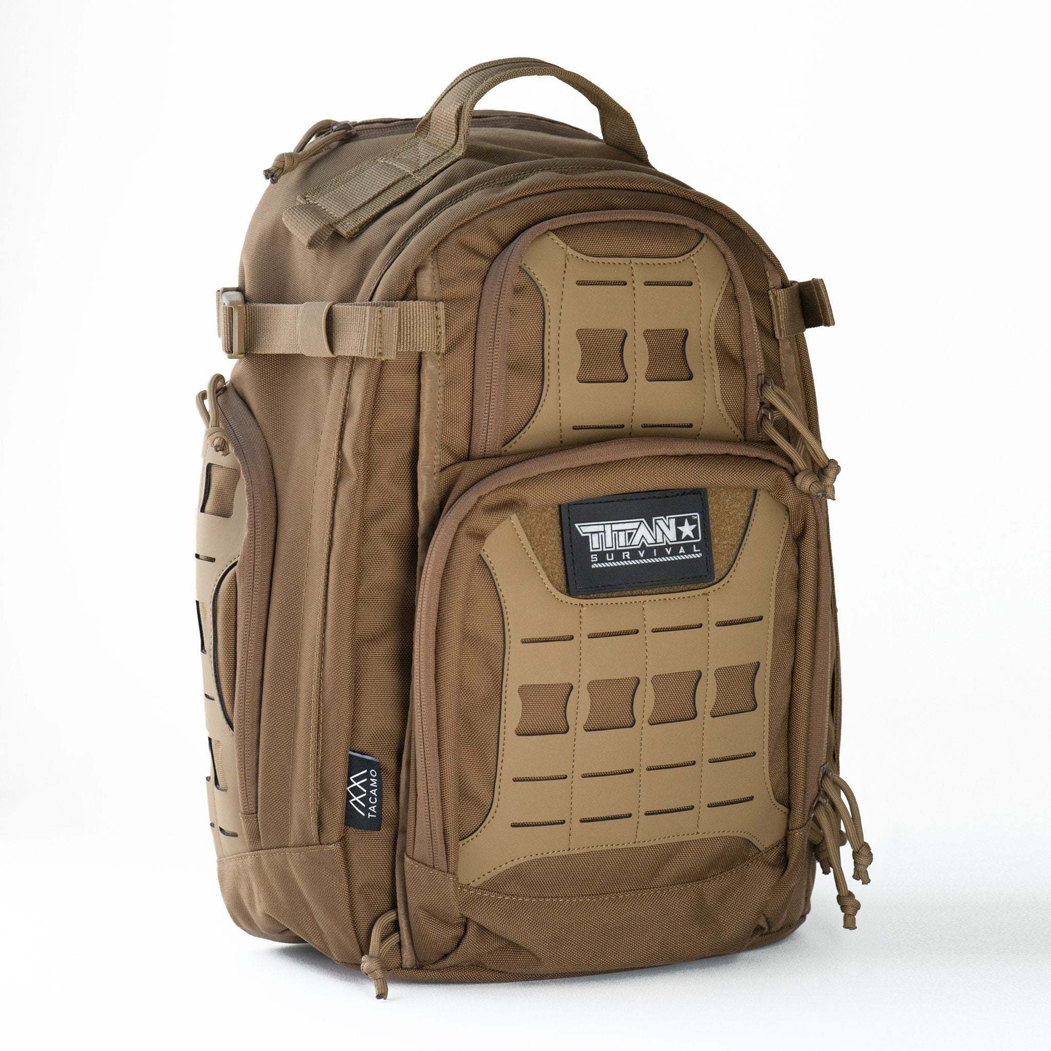 Tactical backpack with MOLLE webbing and multiple compartments.