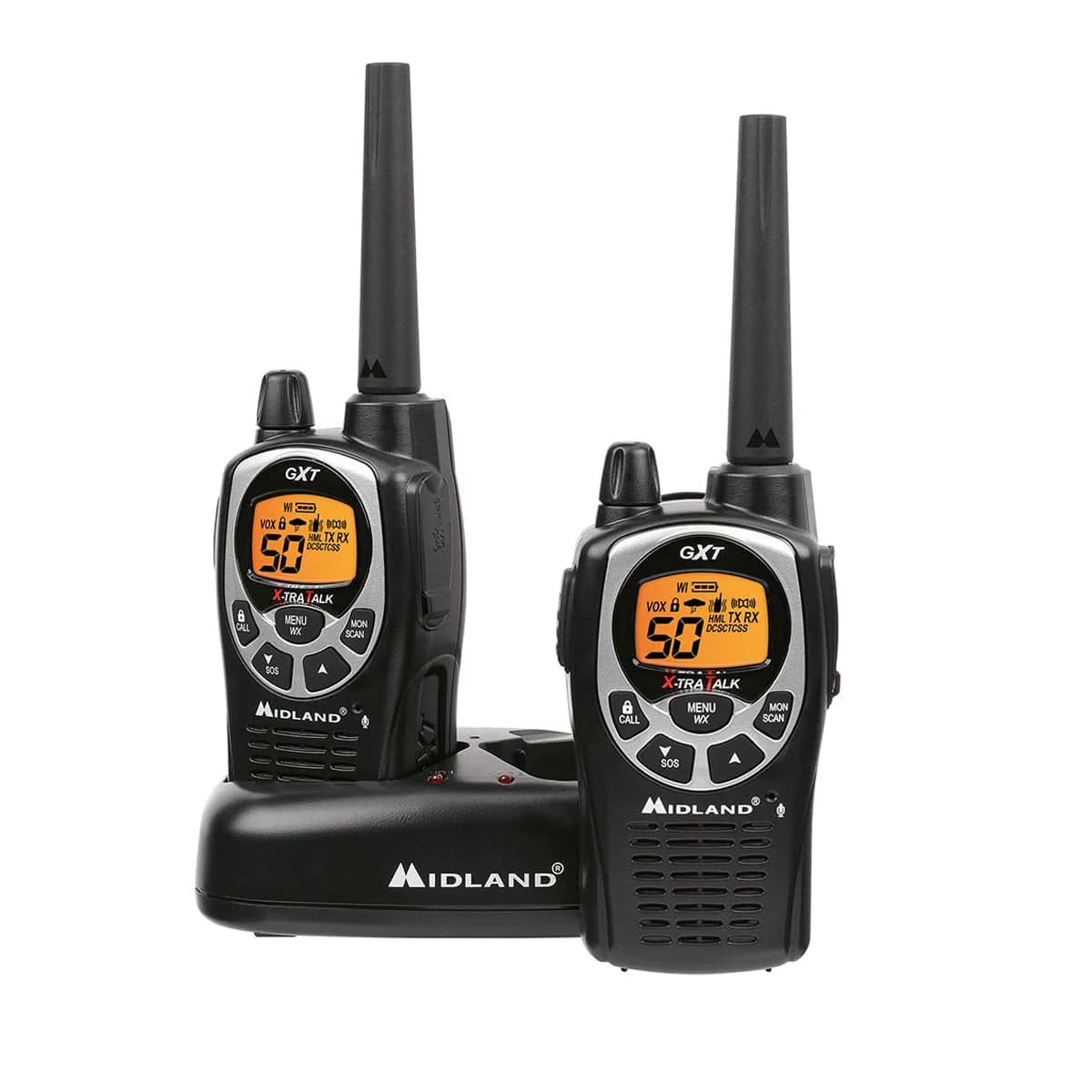 Midland GXT1000 handheld two-way radios 2 pack with built-in NOAA weather alerts and emergency SOS siren