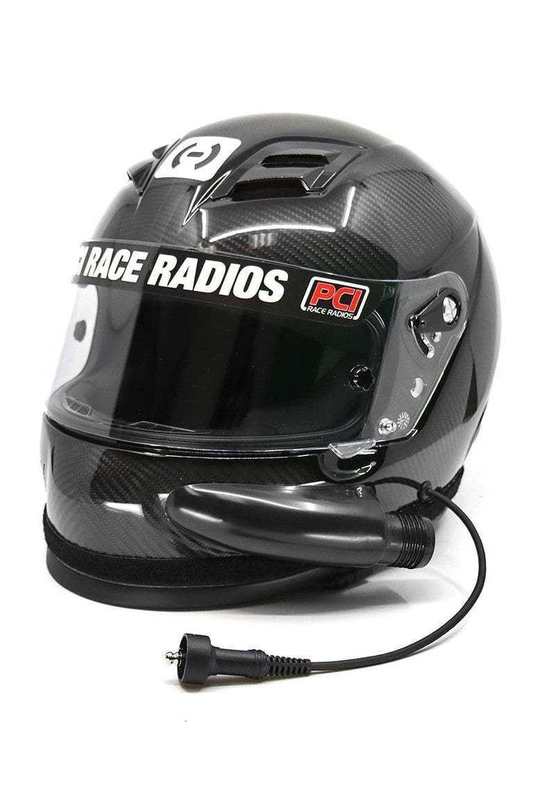 PCI Elite Wired HJC H10 Carbon Helmet with RaceAir, black carbon fiber shell, advanced ventilation, communication-ready.