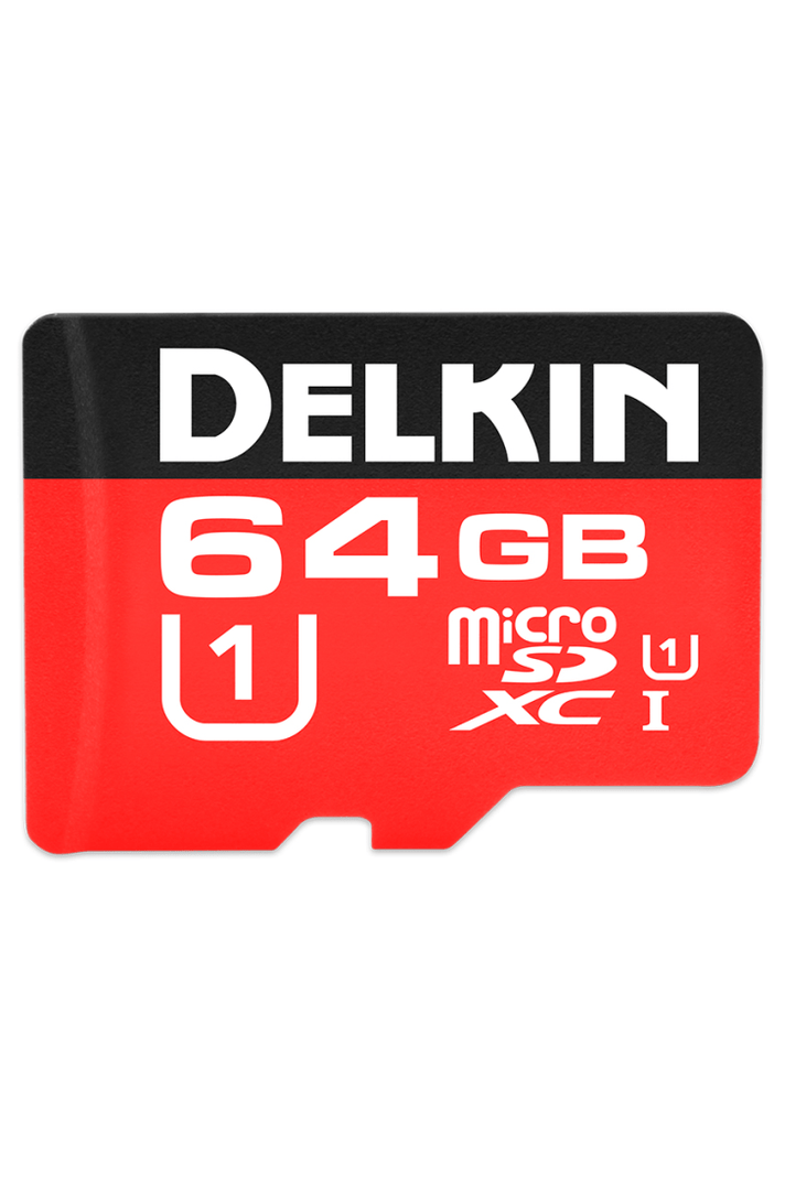 64GB Micro SDXC Card with adapter, Class 10, UHS-I, records full HD video.