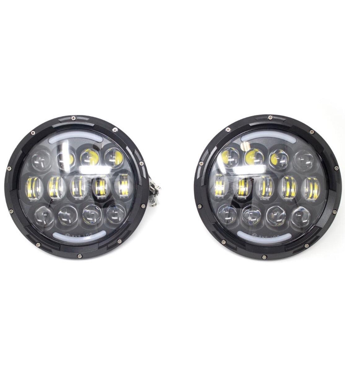 VADER SERIES Headlights set of two 7-inch LED headlights with CREE LEDs, white and amber light options, built-in Canbus anti-flicker, waterproof polycarbonate lens, and lifetime warranty.