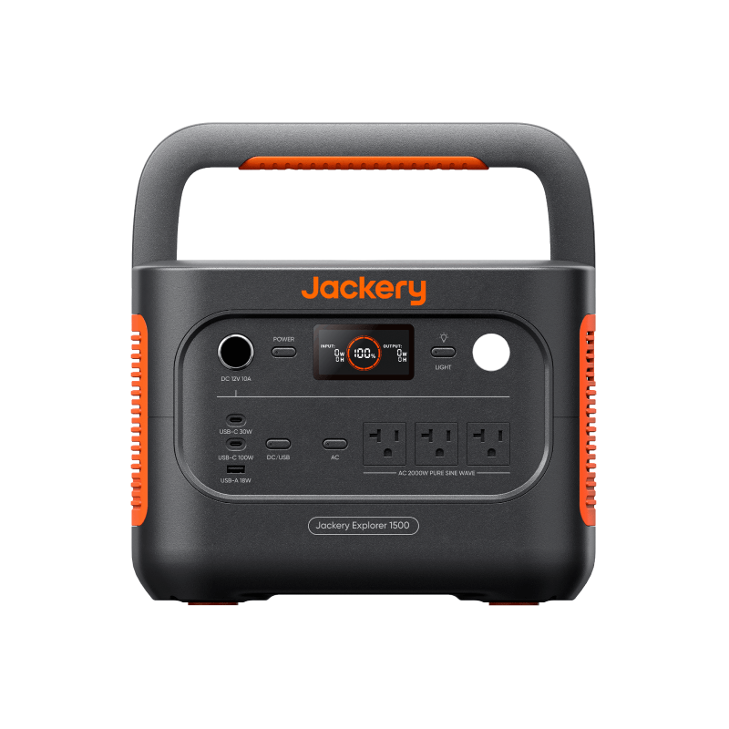 Jackery Explorer 1500 portable power station with 1536Wh capacity, 2000W AC output, fast charging, and multiple ports for devices