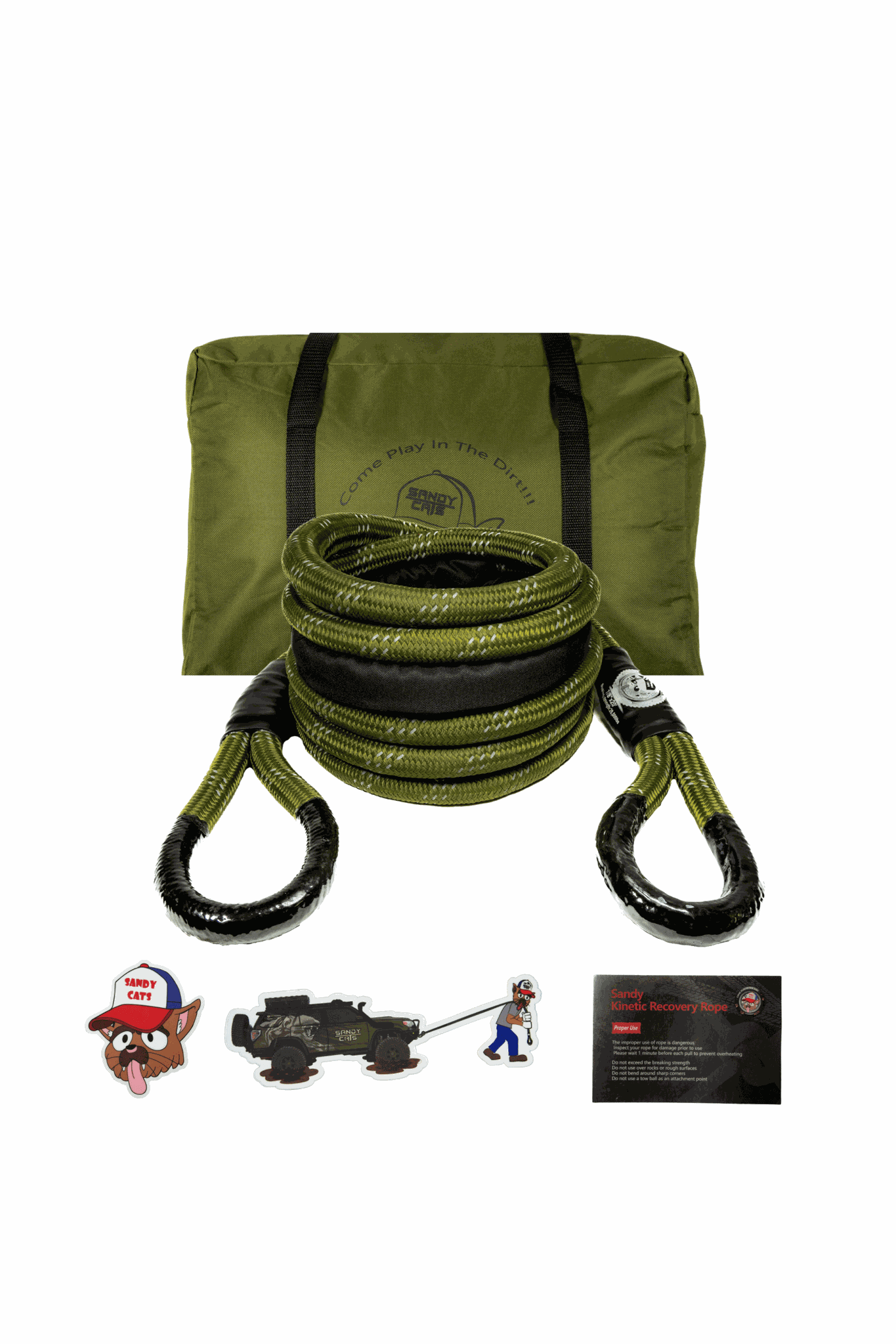Kinetic-X Recovery Rope with green storage bag and accessories for off-road terrain recovery.