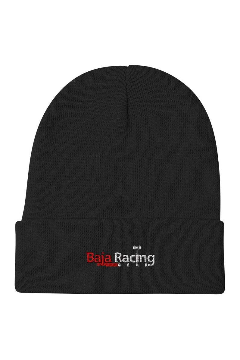 Baja Racing Gear Embroidered Beanie in black, featuring a premium cotton-acrylic blend for comfort and durability.