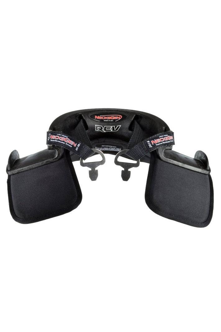 NecksGen REV frontal head restraint system with carbon fiber composite and quick release helmet hardware.