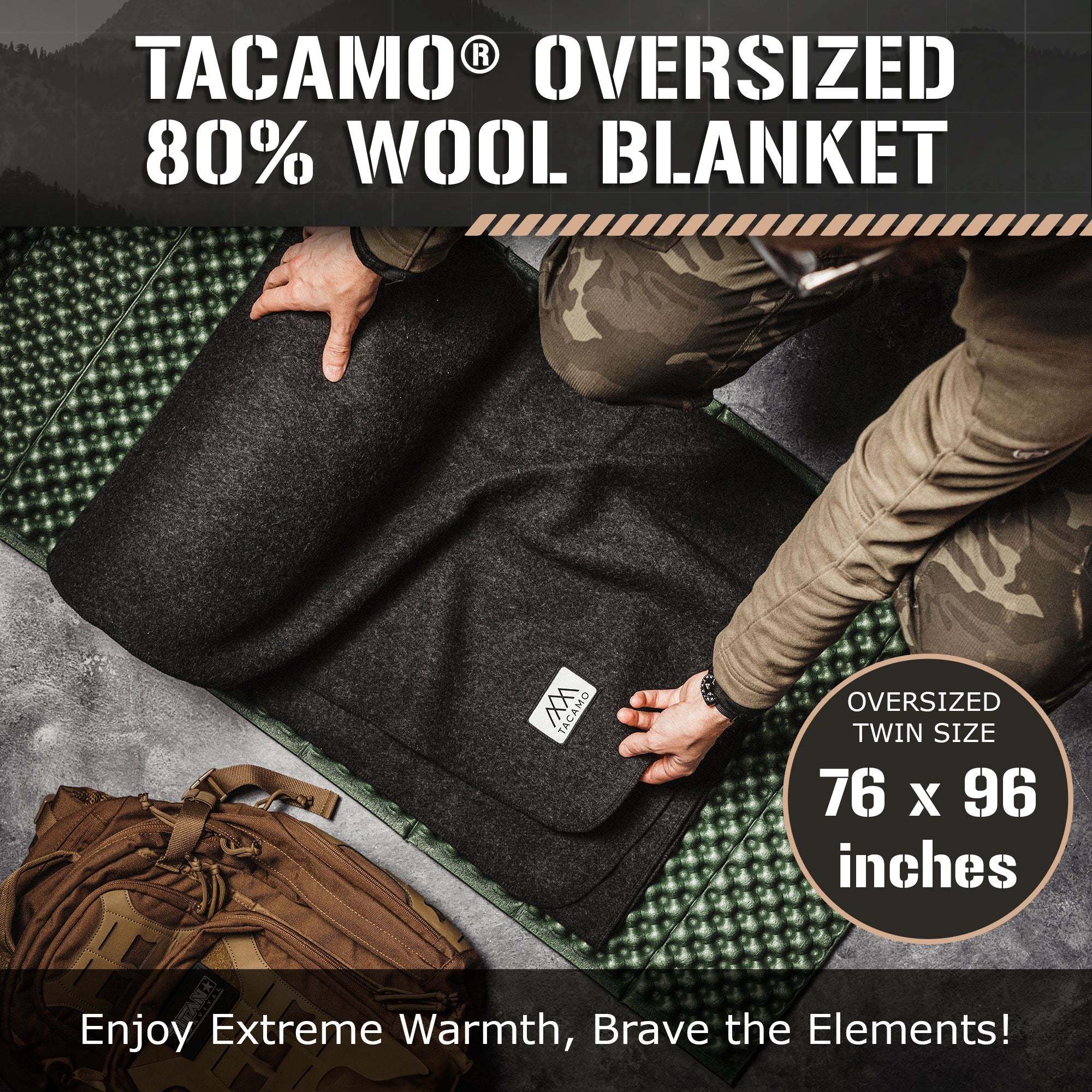 TACAMO oversized military-style wool blanket in charcoal grey, 76" x 96", ideal for camping and emergencies.