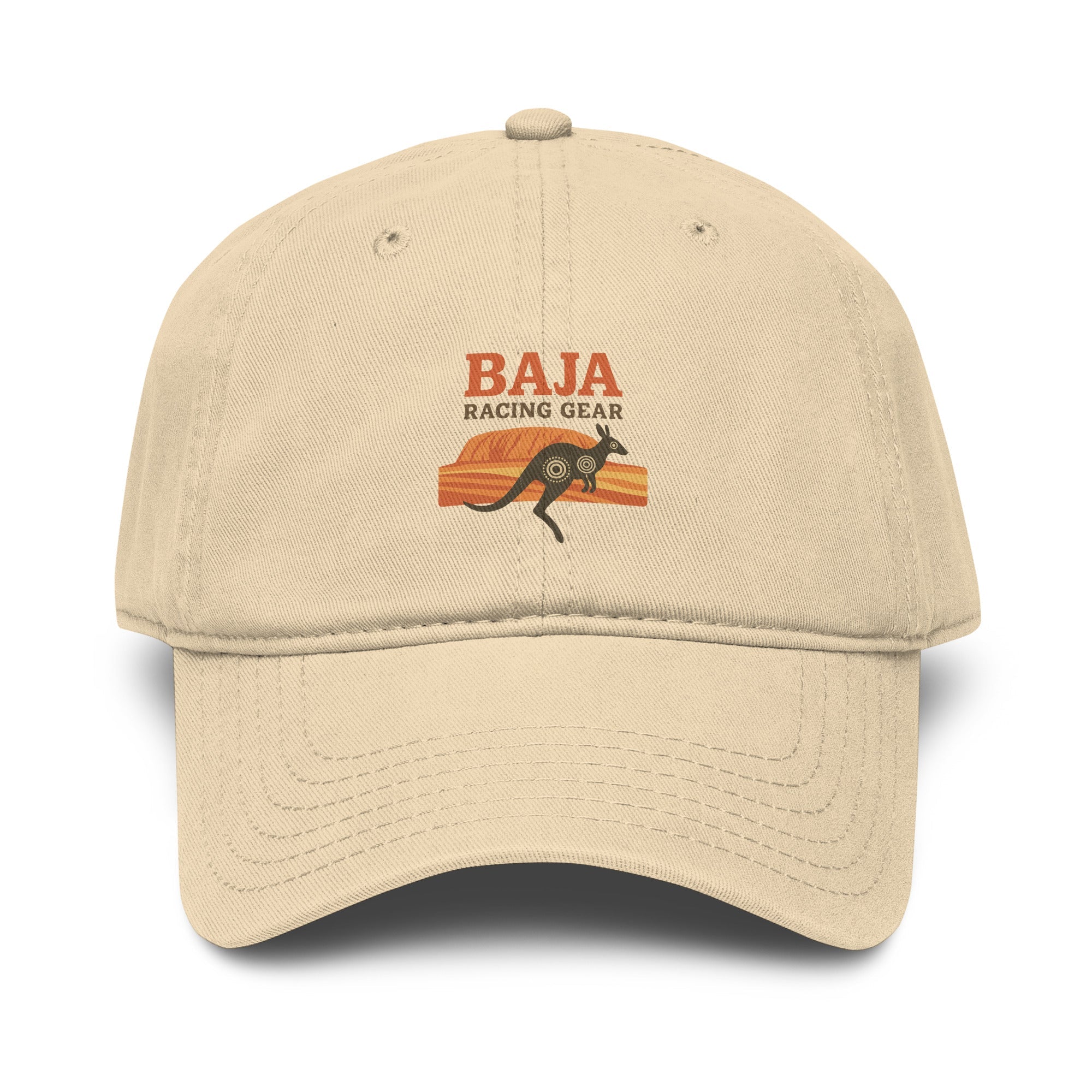 Beige Baja Racing Gear dad hat with desert kangaroo graphic and adjustable strap closure