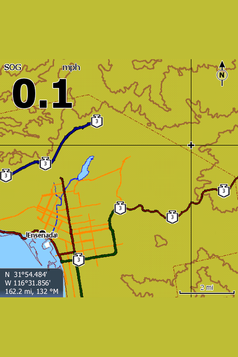 Baja Topo Software V2 mapping display with street detail and topo lines for Baja Peninsula.
