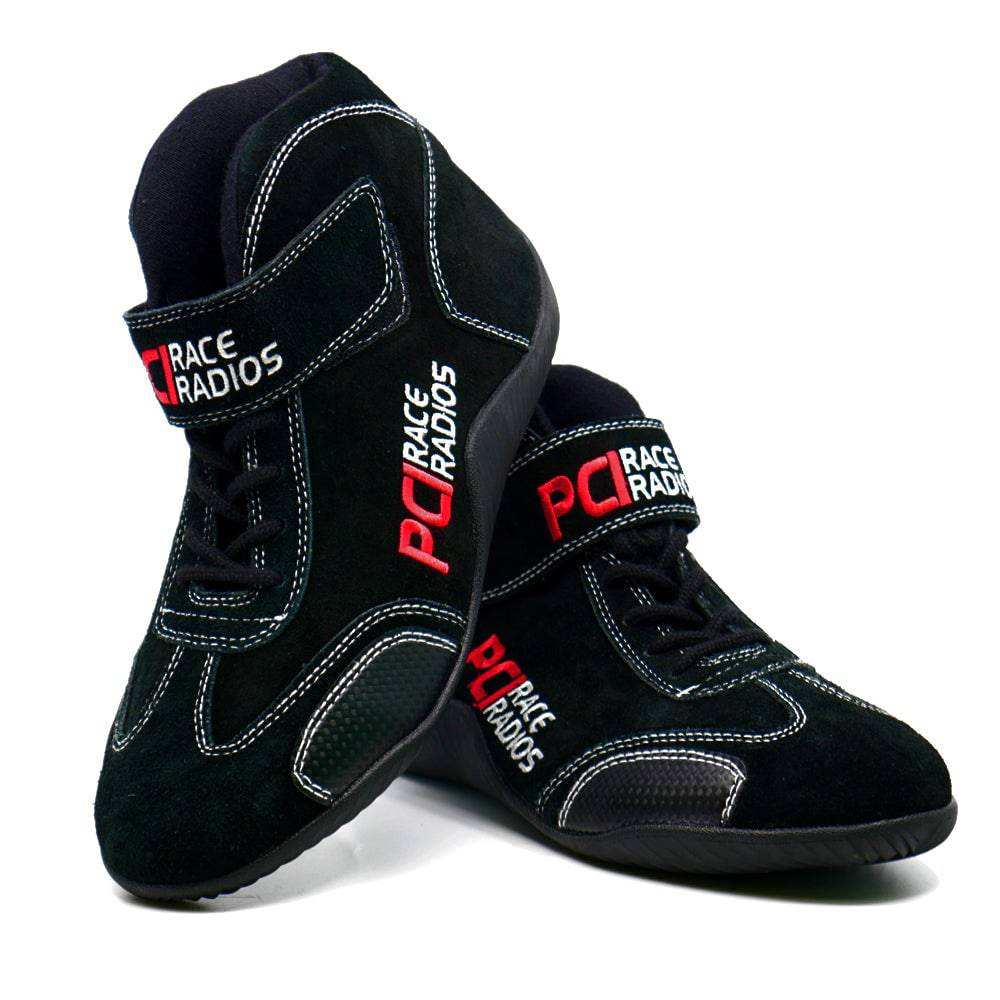 Pair of PCI SFI driving shoes made of split leather and Nomex fabric with fire-resistant laces and rubber sole
