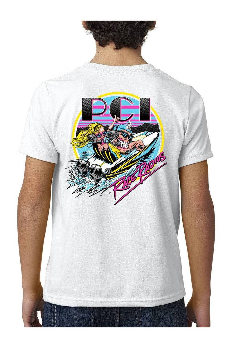 Back view of white Speedster Youth Shirt featuring colorful PCI boat racing graphic design