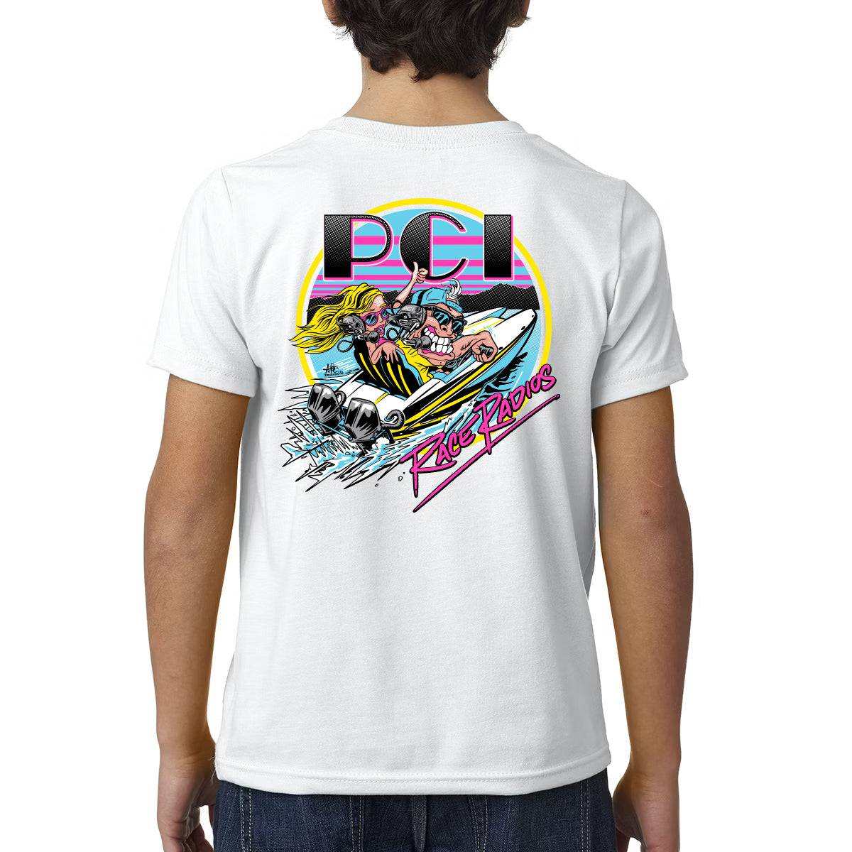 Child wearing white Speedster Youth Shirt made of 100% combed ringspun cotton with modern classic fit