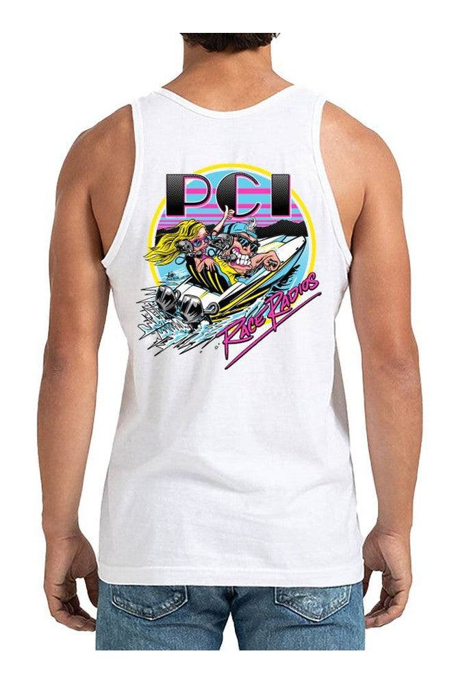 Rear view of white Speedster tank top with colorful boat racing graphic, modern classic fit in sizes S to 3XL