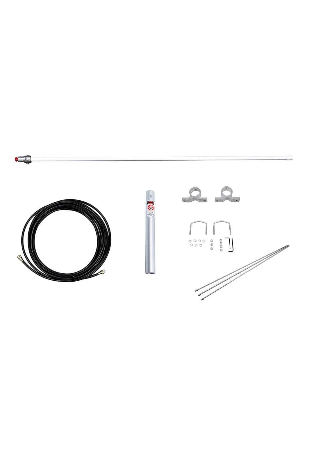 VHF Base Antenna Package with 4.5 dB gain, fiberglass antenna, and 35ft coax cable.