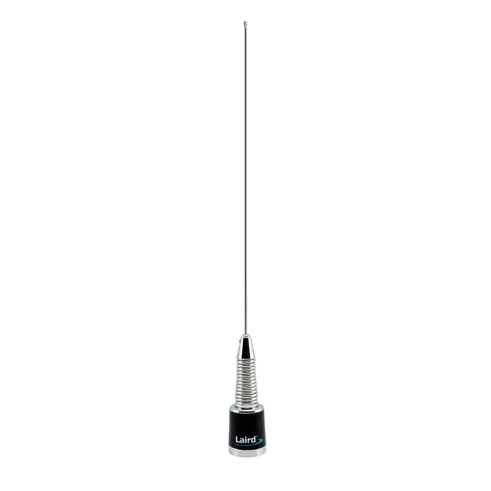 Laird Antenex B132S 1/4 wave base loaded chrome whip antenna with NMO base and spring for VHF UHF frequency range 132-525 MHz