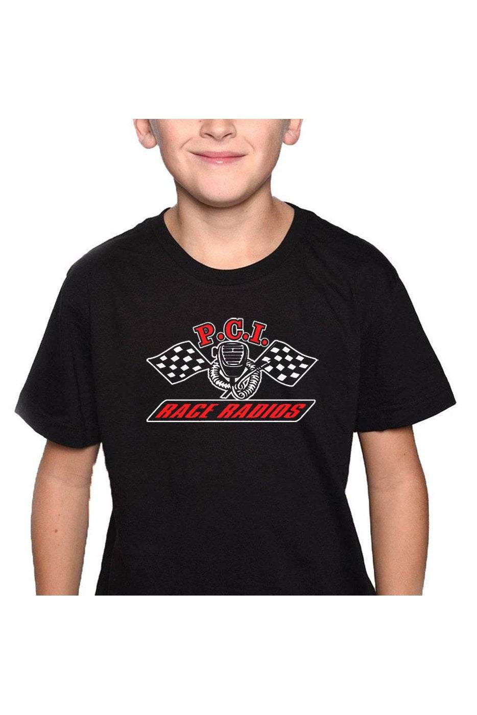 PCI Kids Shirt in black featuring race-themed design, available in Toddler and Youth sizes.