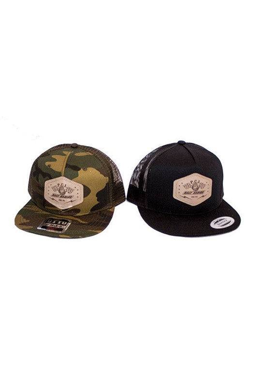 Electric Trucker Hat in camo and black with PCI Race Radios patch and mesh panels.
