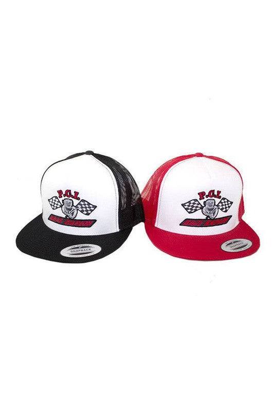PCI Snapback Hat in black and red trucker style.