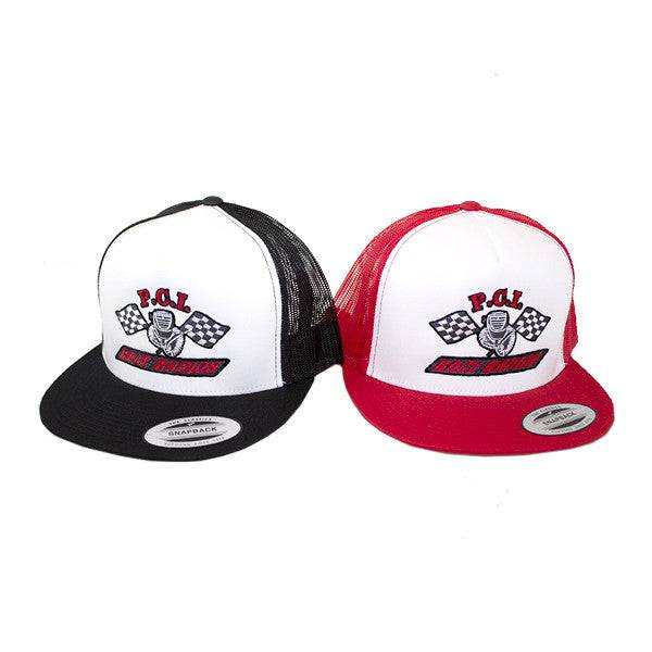 Black PCI snapback trucker hat with mesh back and adjustable strap