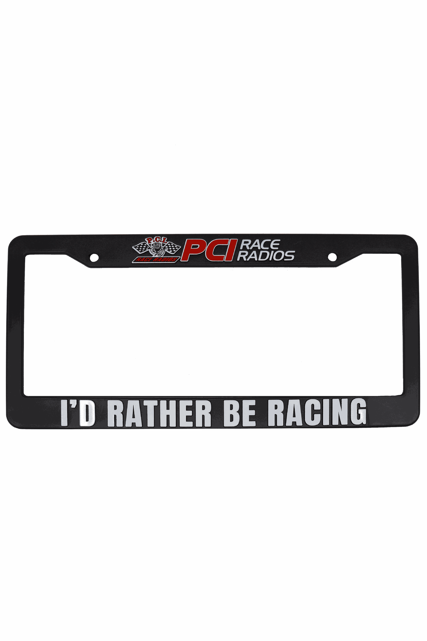 PCI License Plate Frame with PCI logo and "I'd Rather Be Racing" slogan, perfect for racing enthusiasts.