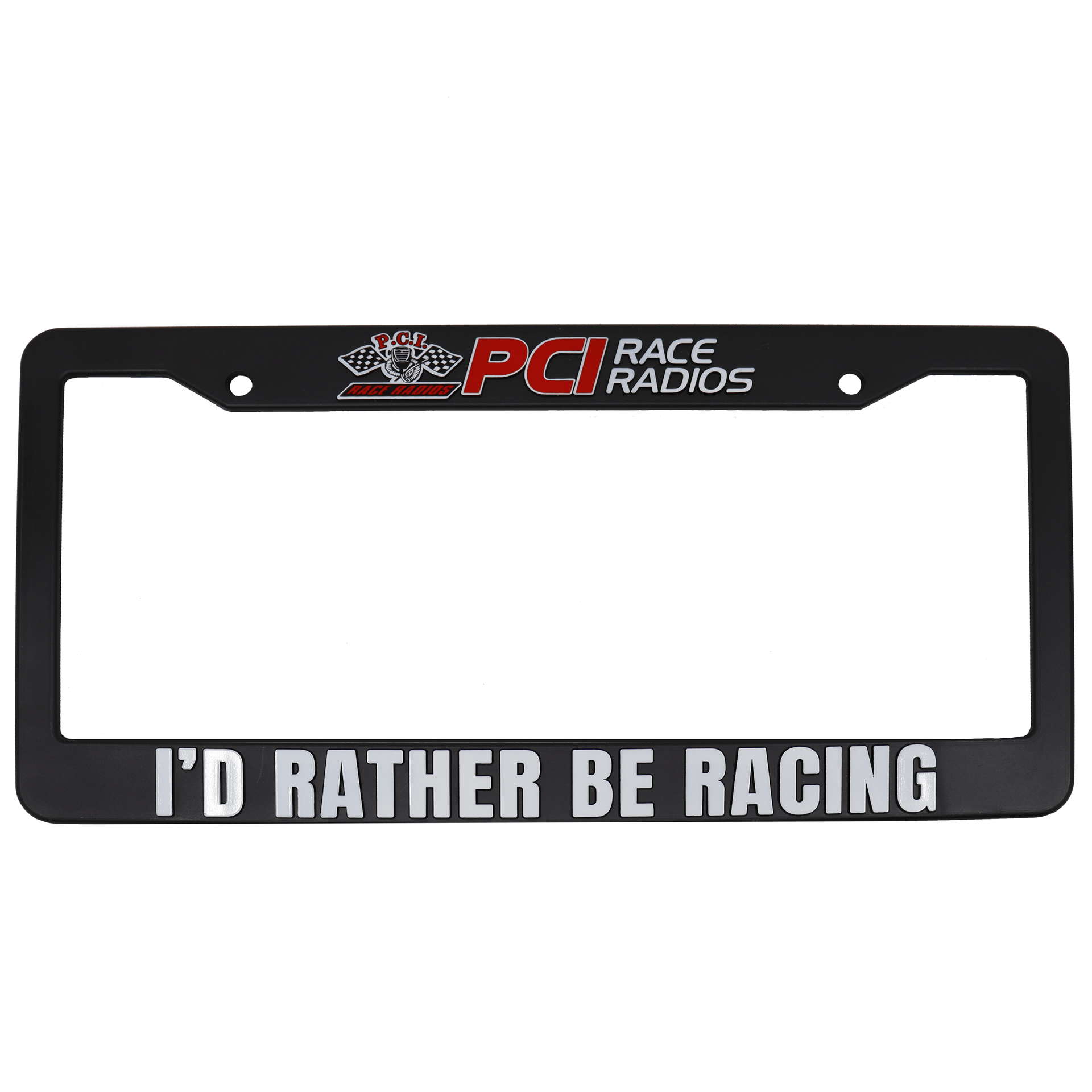 PCI License Plate Frame with vibrant PCI logo and "I'd Rather Be Racing" slogan