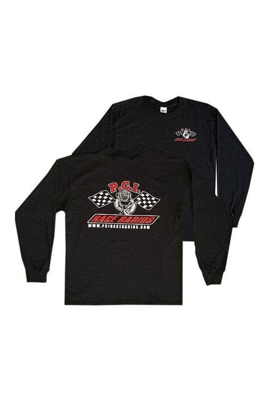 Long Sleeve PCI Shirt with PCI Flag logo, black tee, front and back view.