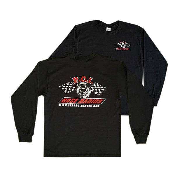 Black long sleeve PCI shirt with flag logo on both sides