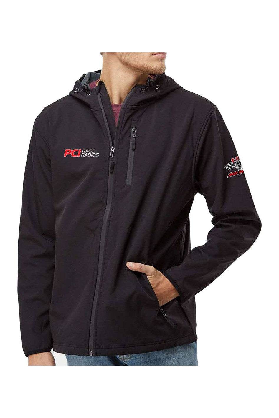 Hooded PCI Chase Jacket in black with logo embroidery, showcasing its soft shell design and adjustable features.