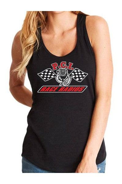 PCI Ladies Tank in black with racer graphic and regular fit.
