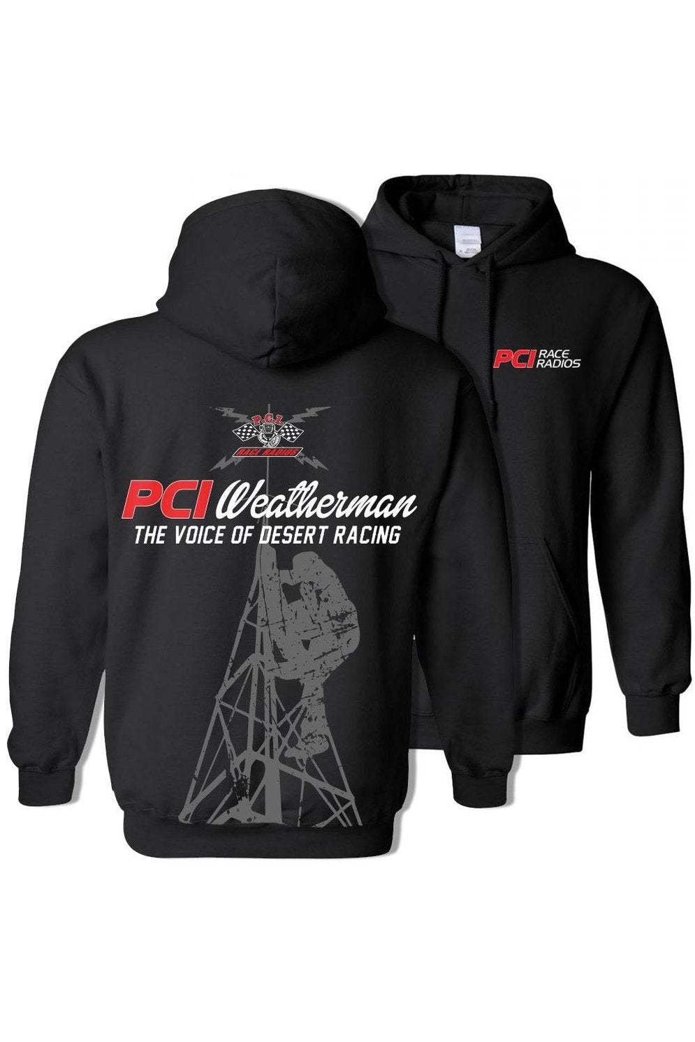 Weatherman Pullover Hoodie with PCI logo and desert racing design.