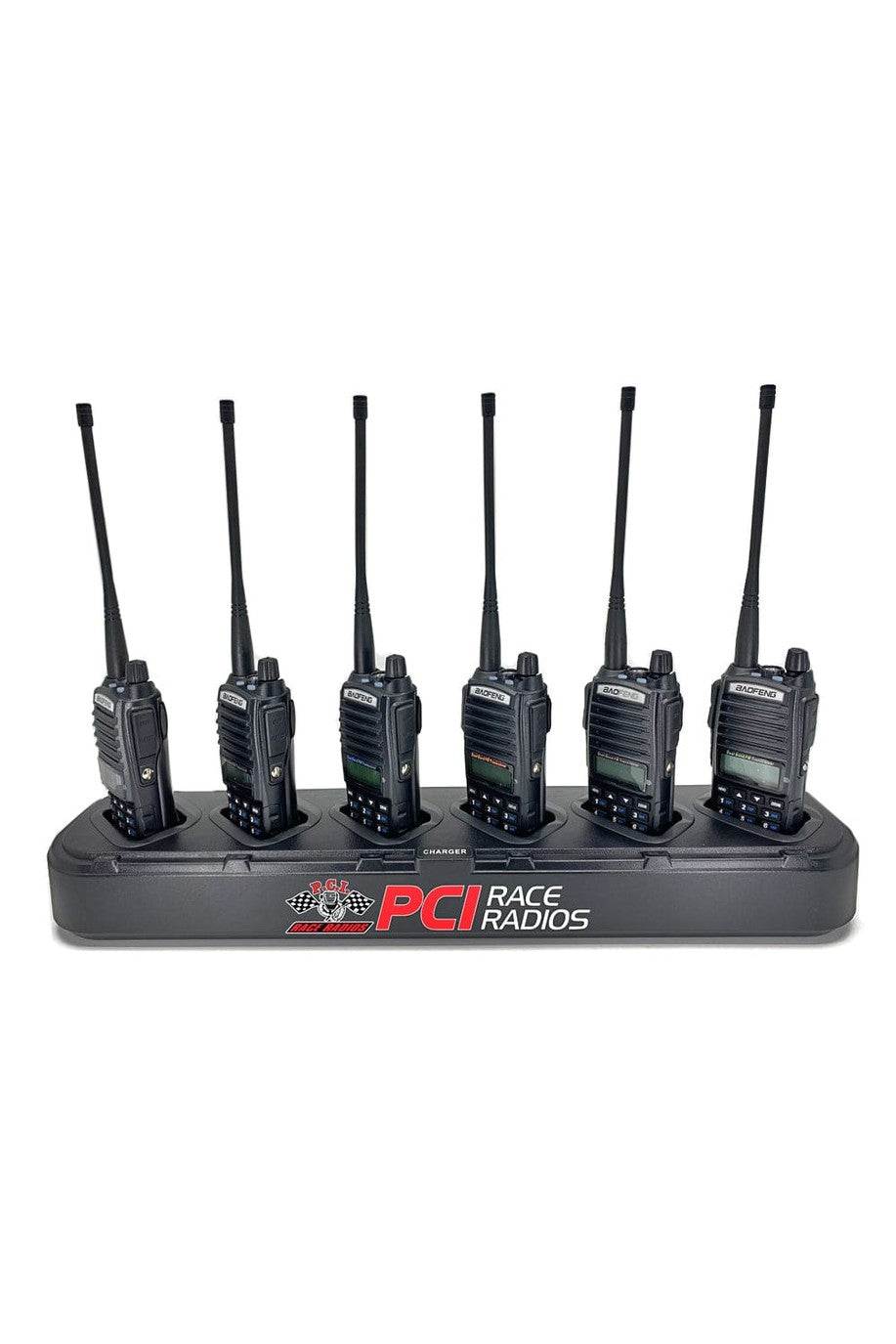 Baofeng UV-82 Gang Charger for six radios, sleek black design, PCI Race Radios.