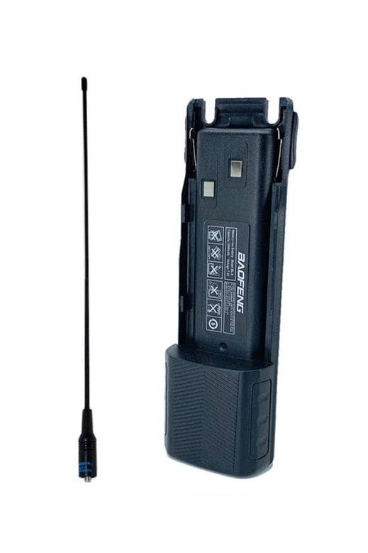 Baofeng UV-82 long antenna and extended battery 3800mAh set for improved performance and signal range.